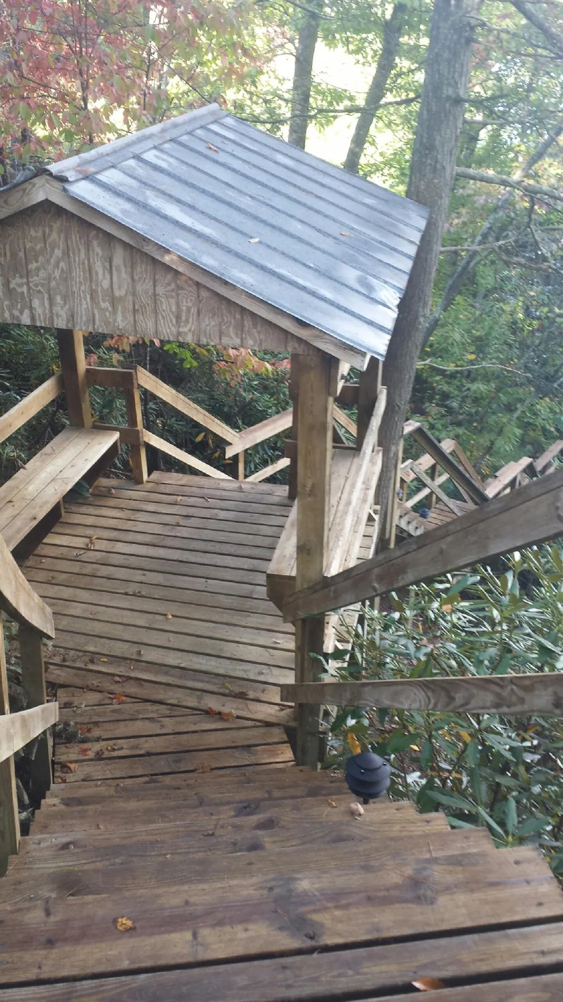 Metal roofed shelter over wooden steps on a wooded walkway — Skylight Repair & Installation work by our crew in Saxton